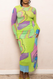 Зеленый Фиолетовый Уличный принт Пэчворк Сетка О-образный вырез Длинный рукав Из двух частей