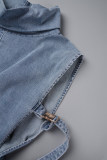Синие повседневные однотонные лоскутные водолазки с разрезом без рукавов Обычные джинсовые платья