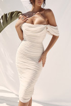 White Elegant Solid Patchwork Fold Strapless Sheath Dresses