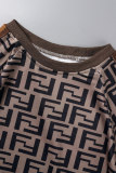 Dark Brown Casual Print Patchwork Letter O Neck T-Shirts