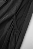 Robe décontractée à manches courtes droite à col rond et poche patchwork noire