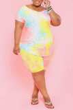 Pink Yellow Casual Print Tie Dye Basic O Neck Plus Size Two Pieces