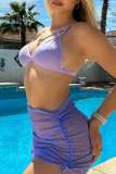 Lila sexy einfarbiger, ausgehöhlter, durchsichtiger, rückenfreier Badeanzug, dreiteiliges Set (mit Polsterung)
