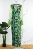 Gröna Casual Print Patchwork Slit V-hals långärmade klänningar
