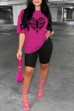 Rose Red Black Casual Print Basic O Neck Short Sleeve Two Pieces