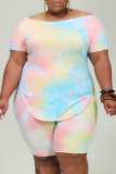 Rose Red Casual Print Tie Dye Basic O Neck Plus Size Two Pieces