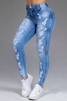 Jeans de mezclilla de cintura alta de patchwork rasgado sólido de calle casual azul bebé