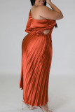 Orangefarbenes, elegantes, solides Patchwork-Kleid mit Kordelzug und schrägem Kragen, einstufiger Rock in Übergröße