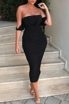 Vestidos pretos elegantes lisos com retalhos dobrados sem alças