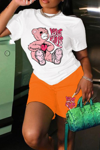 White Orange Casual Print Patchwork O Neck Short Sleeve Two Pieces