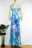 Blue Sexy Casual Print Tie Dye Backless Spaghetti Strap Regular Jumpsuits