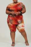 Rose Red Casual Print Tie Dye Basic O Neck Plus Size Two Pieces