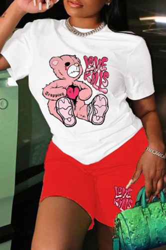 White Red Casual Print Patchwork O Neck Short Sleeve Two Pieces