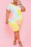Pink Yellow Casual Print Tie Dye Basic O Neck Plus Size Two Pieces