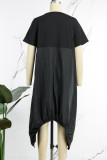 Черное повседневное однотонное платье в стиле пэчворк с круглым вырезом и карманом, прямое платье с коротким рукавом