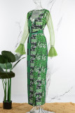 Vestidos de manga larga con cuello en V y abertura de patchwork con estampado informal verde