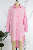 ピンク カジュアル ソリッド パッチワーク ターンダウン カラー シャツドレス ドレス