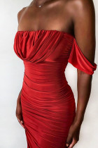 Red Elegant Solid Patchwork Fold Strapless Sheath Dresses