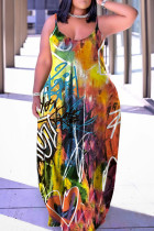 Многоцветное сексуальное повседневное длинное платье с открытой спиной и бретельками с принтом Платья