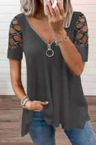 Dark Gray Casual Solid Hollowed Out Patchwork Hot Drill V Neck T-Shirts