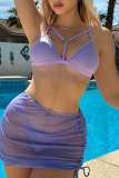 Lila sexy einfarbiger, ausgehöhlter, durchsichtiger, rückenfreier Badeanzug, dreiteiliges Set (mit Polsterung)