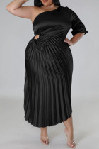 Black Elegant Solid Patchwork Draw String Fold Oblique Collar One Step Skirt Plus Size Dresses
