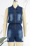 The cowboy blue Casual Solid Patchwork Zipper Collar Sleeveless Skinny Denim Jumpsuits
