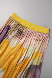 amarillo casual estampado patchwork doblar medio cuello alto manga larga dos piezas