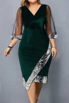Чернильный зеленый повседневное платье в стиле пэчворк с блестками и V-образным вырезом Нерегулярное платье Платья