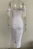 Vestidos de vaina sin tirantes con pliegues de patchwork sólido elegante blanco