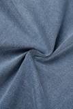 ブルー カジュアル ソリッド パッチワーク スリット タートルネック ノースリーブ レギュラー デニム ドレス