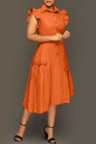 Tangerine Red Casual Solid Patchwork Turndown Collar Onregelmatige jurkjurken