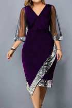 Пурпурное повседневное платье в стиле пэчворк с блестками и V-образным вырезом Нерегулярное платье Платья