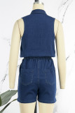 The cowboy blue Casual Solid Patchwork Zipper Collar Sleeveless Skinny Distressed Ripped Denim Jumpsuits