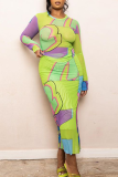 Vert Violet Street Print Patchwork Mesh O Neck Long Sleeve Two Pieces
