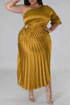 Goldfarbenes, elegantes, solides Patchwork-Kleid mit Kordelzug und schrägem Kragen, einstufiger Rock in Übergröße
