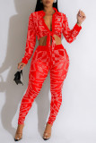 Rose Red Sexy Patchwork Hot Drilling See-through Turndown Collar Long Sleeve Two Pieces