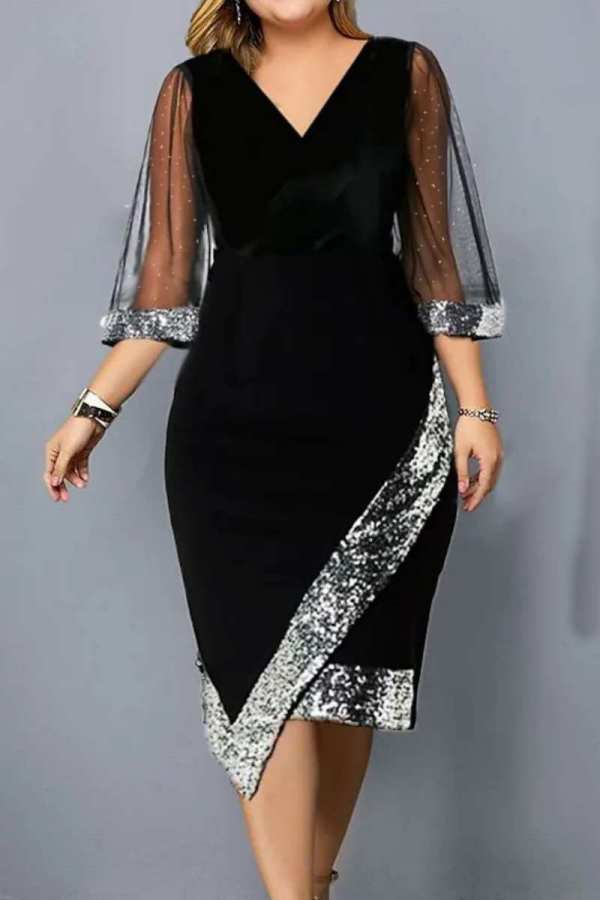 Черное повседневное платье в стиле пэчворк с блестками и V-образным вырезом Нерегулярное платье Платья