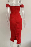 Vestidos de tubo sin tirantes con pliegues de patchwork sólido elegante rojo