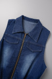 Macacões jeans skinny com gola em patchwork sólido casual sem mangas The cowboy azul