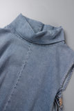 Blaue, lässige, solide Patchwork-Rollkragenpullover mit Schlitz, ärmellos, normale Jeanskleider