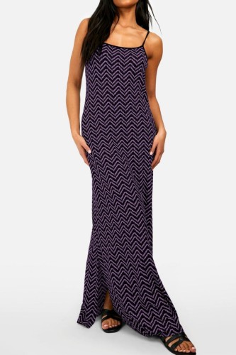Purple Casual Print Backless Spaghetti Strap Long Dress Dresses