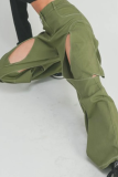 Army Green Street Solid Hollow Out Patchwork Regular Vita alta Pantaloni dritti in tinta unita