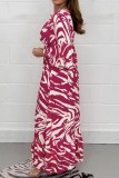 Dunkelgrünes, lässiges, bedrucktes, langes Patchwork-Kleid mit V-Ausschnitt