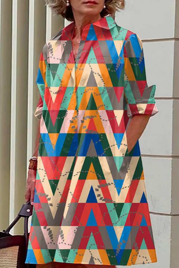 Flerfärgat Casual Print Patchwork Turndown-krage Skjorta Klänningar