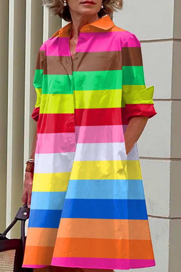 Vestidos coloridos com estampa casual patchwork gola redonda camisa