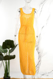 Оранжевые сексуальные однотонные платья с кисточками и разрезом U-образным вырезом