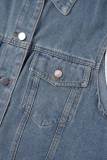 Blue Casual Solid Patchwork Turndown Collar Short Sleeve Regular Denim Jacket