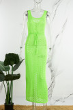 フルーツグリーンセクシーなソリッドタッセルくり抜きスリットUネックワンステップスカートドレス