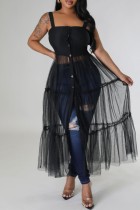 Schwarzes, sexy, lässiges, solides Patchwork-Kleid mit rückenfreiem, quadratischem Kragen und Sling-Kleid